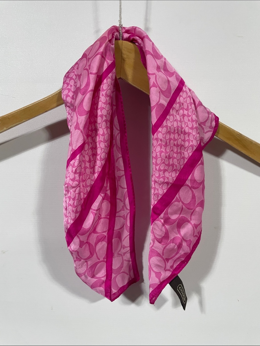 Coach Pink Logo-Print Silk Scarf with Fuchsia Trim